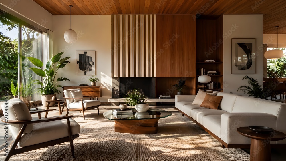 Obraz premium Mid century modern living room interior design with wooden ceiling beige sofa indoor plants and natural sunlight pouring through large glass windows
