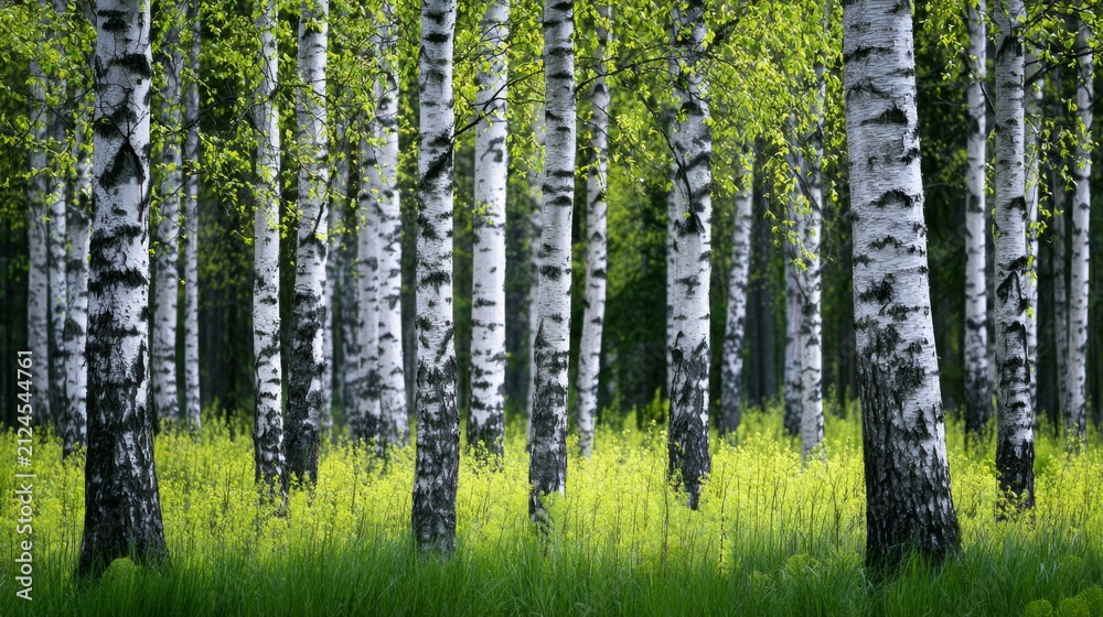 Fototapeta premium Serene Birch Forest with Lush Green Foliage and Bright Sunlight Glimmering Through Trees, Creating a Peaceful Natural Landscape