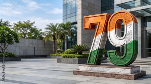 3D Indian Flag Colored 79 Number Sculpture in Modern City Plaza