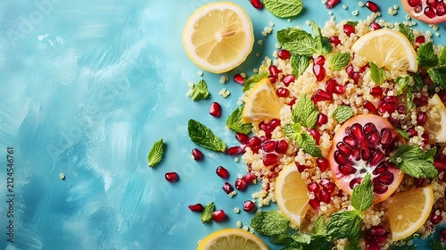 Healthy Summer Superfood Assortment with Citrus Pomegranate and Mint on Rustic Turquoise Background