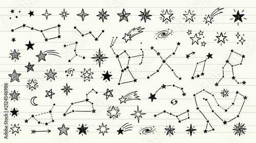 Obraz na plátne Doodle Constellations and Stars on Lined Paper Background