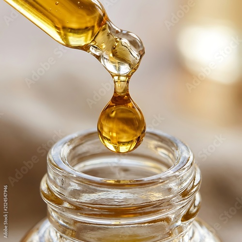 Golden yellow serum liquid drop falling from a glass pipette into a small cosmetic bottle. amla oil