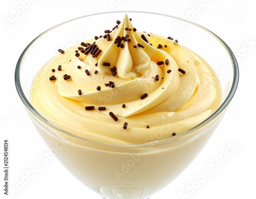 Creamy yellow dessert, swirled and topped with dark chocolate sprinkles