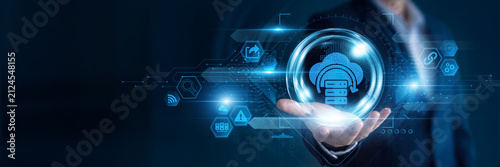 Businessman hand hold Backup and global networking data, protecting critical information, securing digital assets, ensuring disaster recovery, improving business continuity.