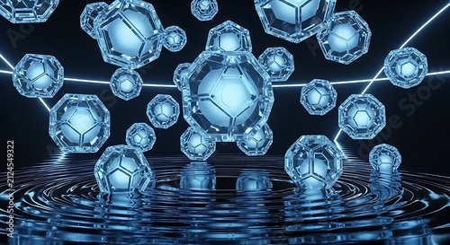 Futuristic Geometric Molecules Floating Above Water Ripples