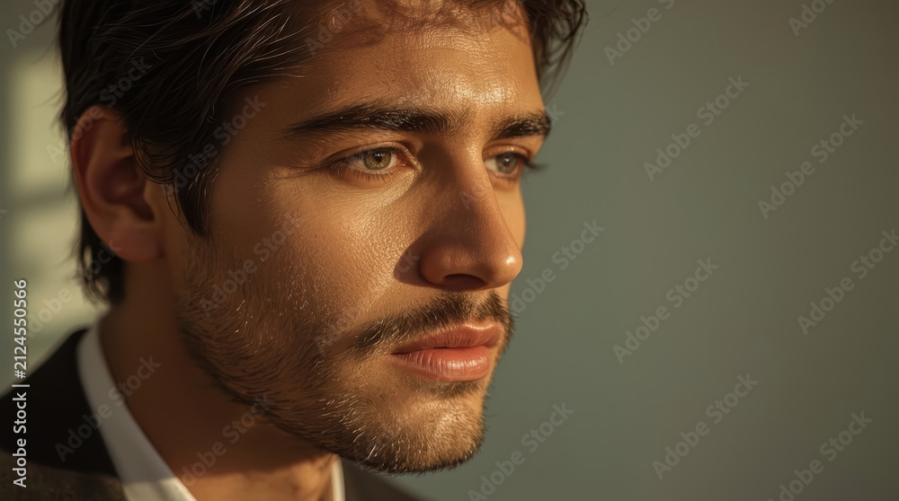 Obraz premium Handsome mature man portrait cinematic close up warm golden light