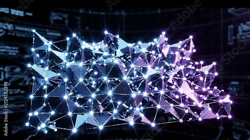 Glowing geometric neural network structure pulsing with bright energy in this high tech animation video clip
