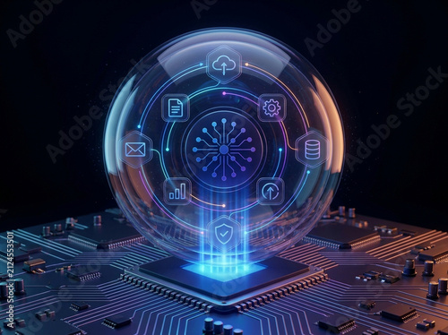 Digital sphere with tech icons on circuit board
