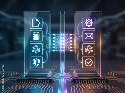 Abstract digital data processing with glowing icons and neural network