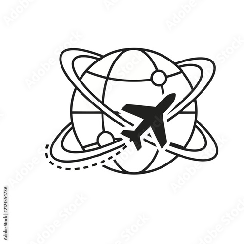 Airplane flying around globe icon