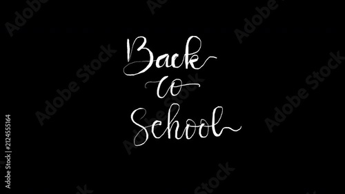 Back to school text writing animation with One line continuous and hand drawn calligraphy monoline vintage text on black background suitable School Promotions,  alpha channel only 4k