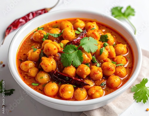 Hearty chickpea curry with chili, spices, and cilantro garnish