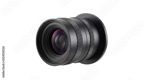 Foto Black camera lens with ribbed grip and purple hues png isolated on transparent b