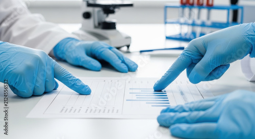 Healthcare growth statistics laboratory glove chart analysis data Medical team review chart showing healthcare growth statistics during laboratory
