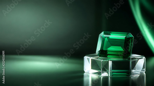 Extraordinary emerald gemstone resting atop polished transparent crystal pedestal, luxurious modern background with soft green illumination, elegant premium composition