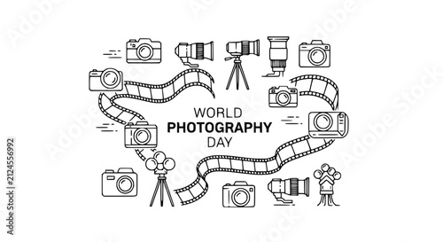 World Photography Day Doodle: Cameras, Film Strips, Tripods - Hand Drawn Vector Art