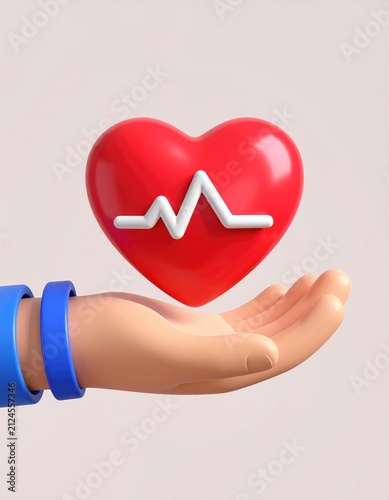 3D hand gently cradles a red heart with a white cardiogram line