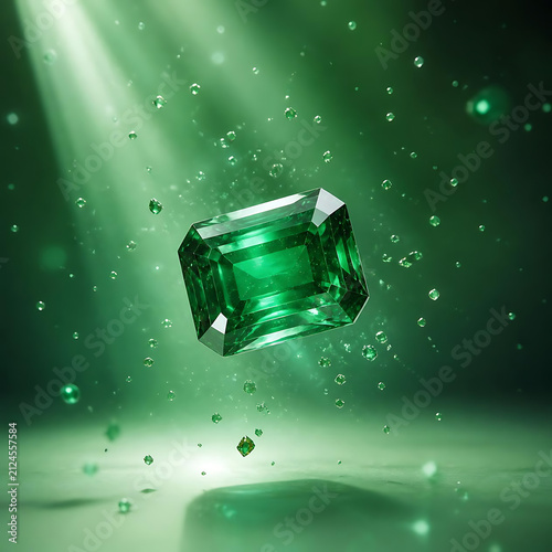 Floating emerald gemstone surrounded by tiny crystal particles and subtle light beams, clean minimal luxury background, spacious negative space