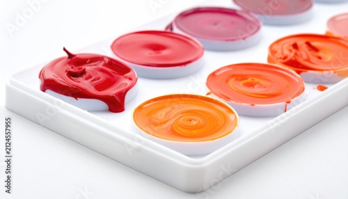 Array of colorful pigments in small containers