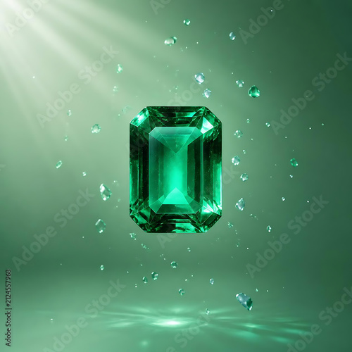 Floating emerald gemstone surrounded by tiny crystal particles and subtle light beams, clean minimal luxury background, spacious negative space