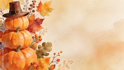 Autumn Pumpkin and Pilgrim Hat Corner Border with Warm Fall Leaves on Vintage Beige Background and Copy Space