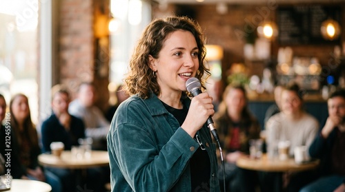 Person speaks on stage in a cafe during an event in the afternoon with an audience listening closely