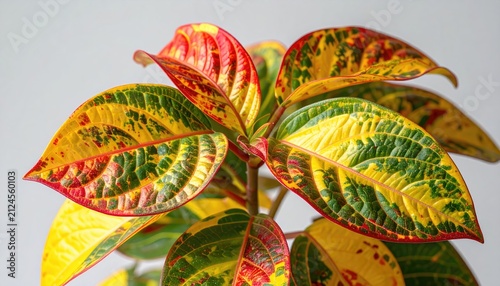 Vibrant foliage bursts with red, yellow, and green variegation