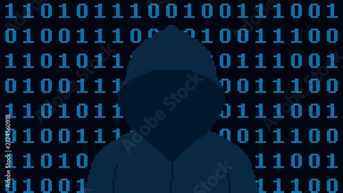 8-bit pixel art hacker with blue binary code