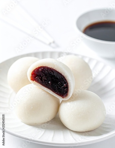Soft, white mochi with dark red bean paste filling, served on a plate