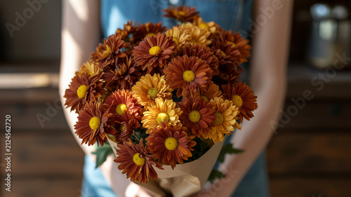 Vibrant autumn chrysanthemum bouquet in rich, textured arrangement