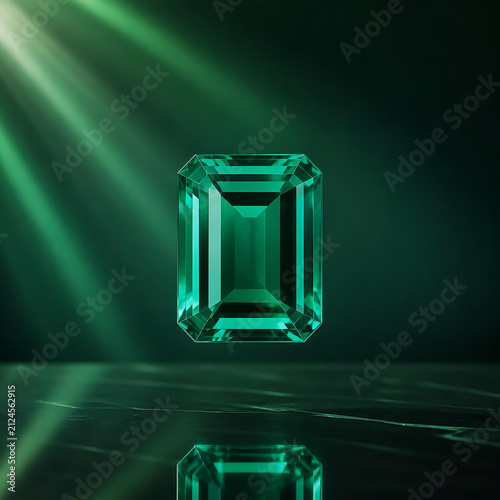 Single flawless emerald crystal suspended above a glossy reflective surface, minimalist luxury background with subtle green light diffusion, balanced composition with generous negative space