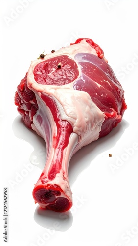 Raw, unseasoned cut of red meat with bone, on white