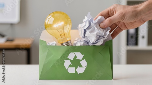 Green recycling envelope filled with crumpled paper and a light bulb, placed on a white table in a modern office environment with blurred background elements