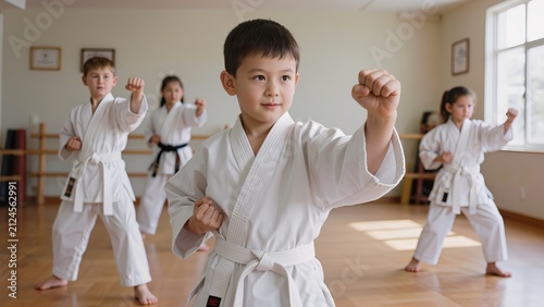 Young children practicing karate in white uniforms, demonstrating stances and techniques inside a dojo with wooden flooring and natural light from windows