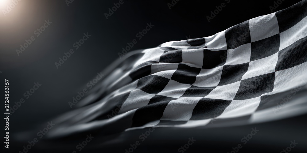 Fototapeta premium Racing flag waving against dark background motion blur high contrast finish line