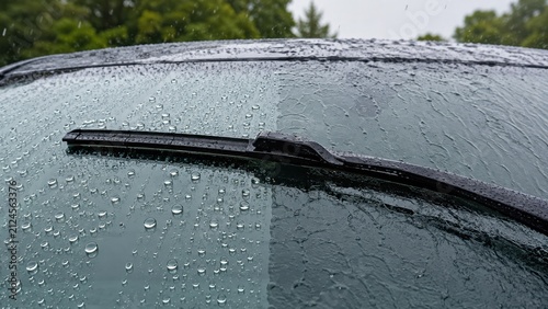 Windshield wiper on rainy glass with hydrophobic coating