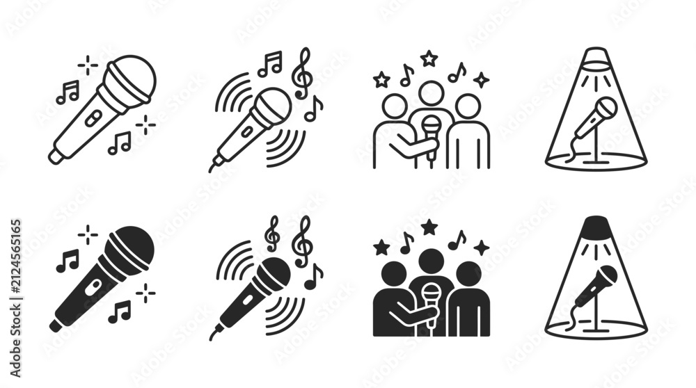 Fototapeta premium Singing and vocal performance icon set with microphone performance performer recording entertainment celebration