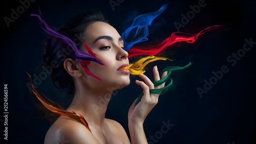 Portrait dissolving into vibrant streams of color, each color symbolizing a different feeling simultaneously, joy, wonder, love, fear, ambition, curiosity, hyper-realistic facial details