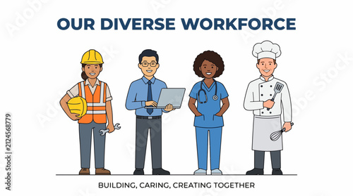 Diverse workforce vector illustration with construction worker, business professional, nurse and chef