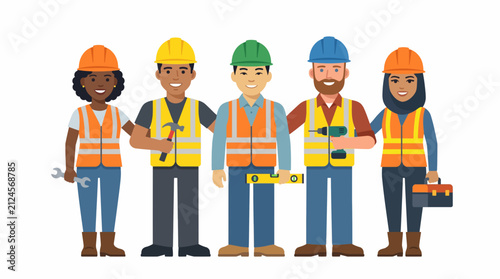 Diverse construction workers team standing together holding tools vector illustration