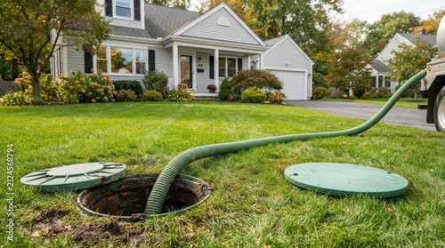 Septic tank pumping service in a residential backyard