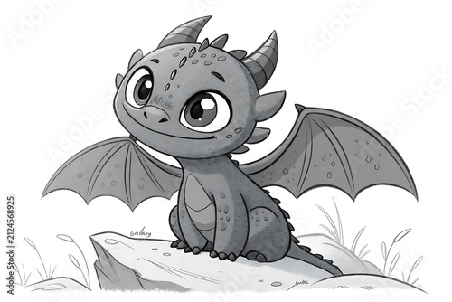 Cute cartoon dragon sitting on a rock