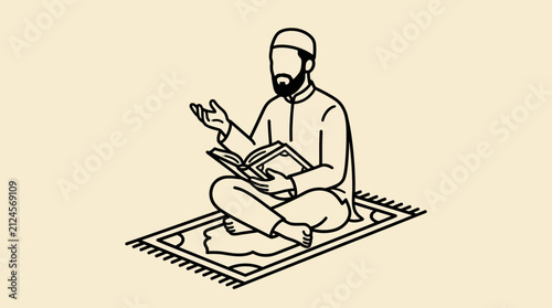 Fotografie Muslim Man Reciting Quran on Prayer Mat Line Art Style Vector Illustration