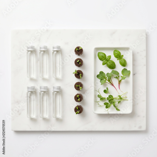 Hydroponic seed pods glass nutrient vials and fresh green microgreens flat lay on white marble slab minimal agricultural laboratory concept background