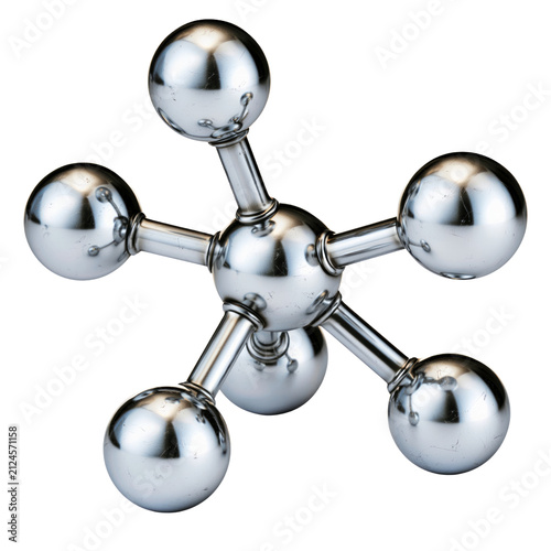 Metallic molecule model chrome atom structure shiny sphere connection scientific abstract shape futuristic minimalist object isolated chemistry element clean modern design reflective physics