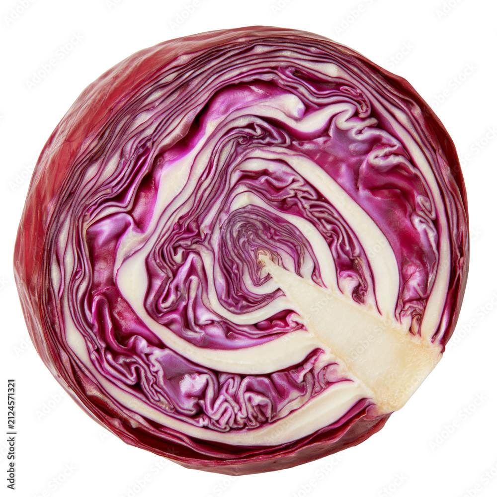 Obraz premium Red cabbage cross section vegetable purple cabbage slice fresh cabbage texture raw cabbage food healthy vegetable background organic cabbage pattern cabbage detail macro cabbage ring swirl crisp