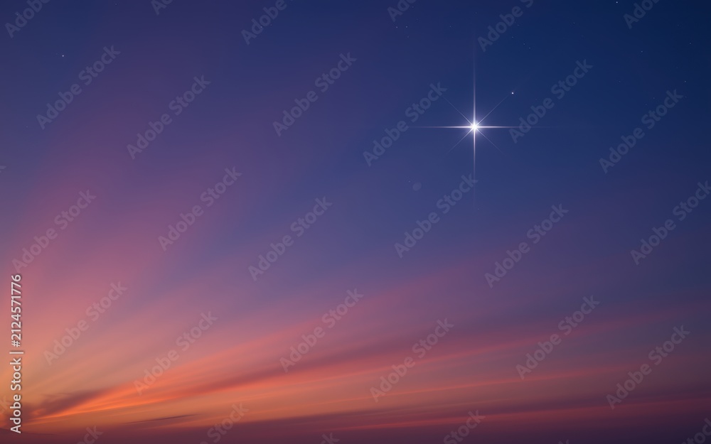 Obraz premium Bright star shining prominently in a twilight sky with colorful sunset clouds.