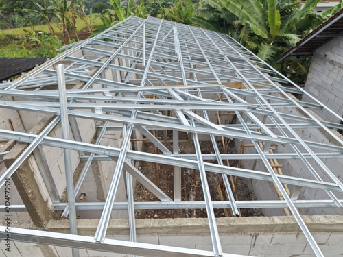 Metal Roof Framework Installation at Rural Construction Site