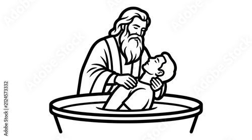 Canvastavla Priest Performing Baptism by Water Immersion Line Art Style Vector Illustration