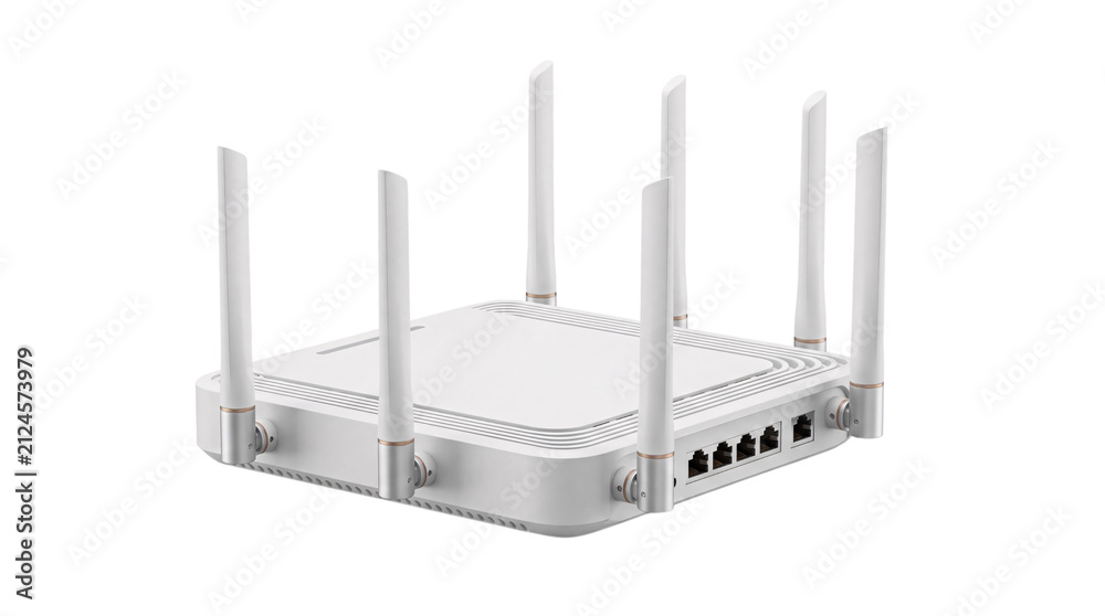 Fototapeta premium White wireless router with ethernet ports and antennas png isolated on transparent background
